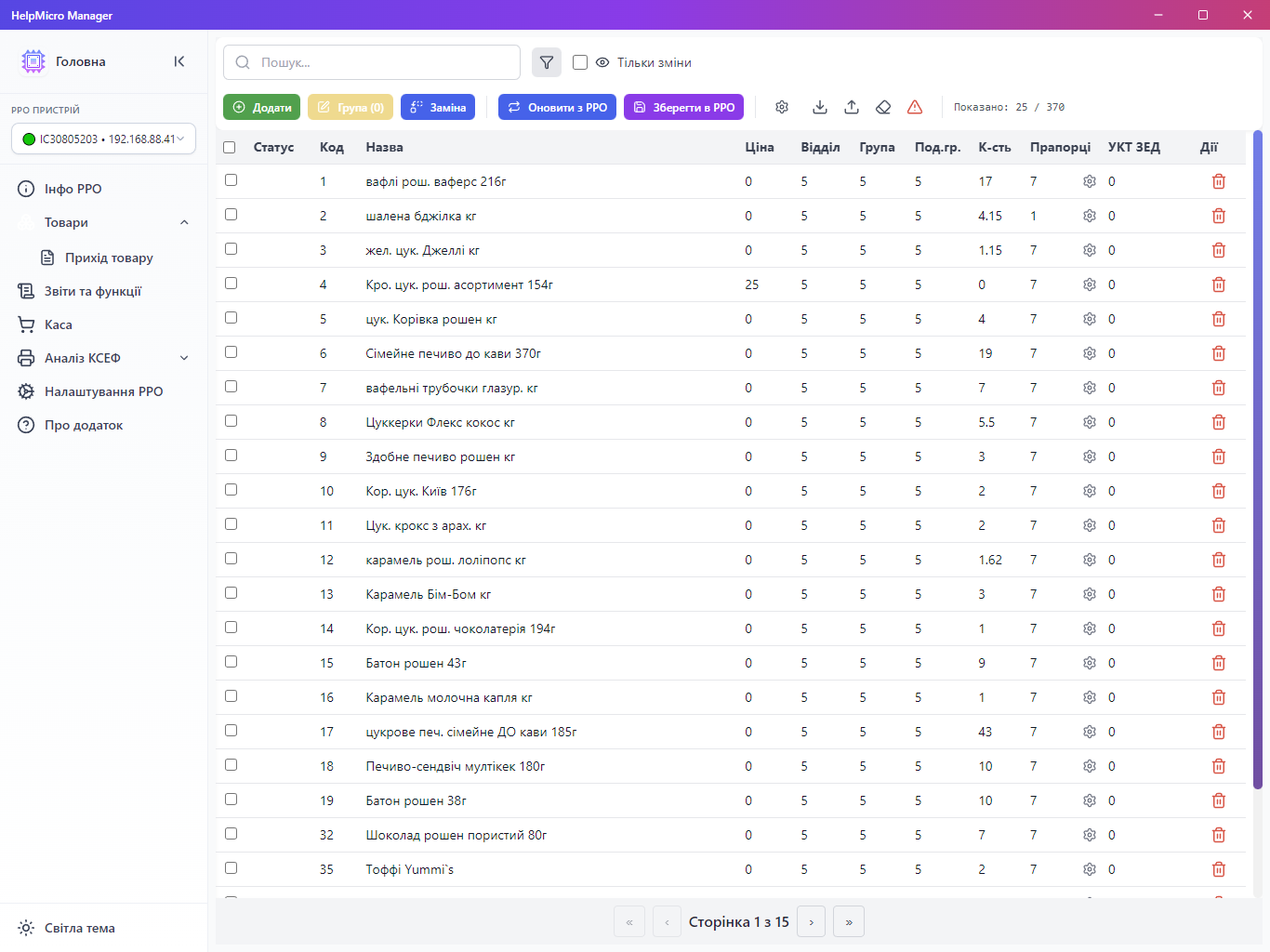 Таблиця товарів і PLU у HelpMicro Manager