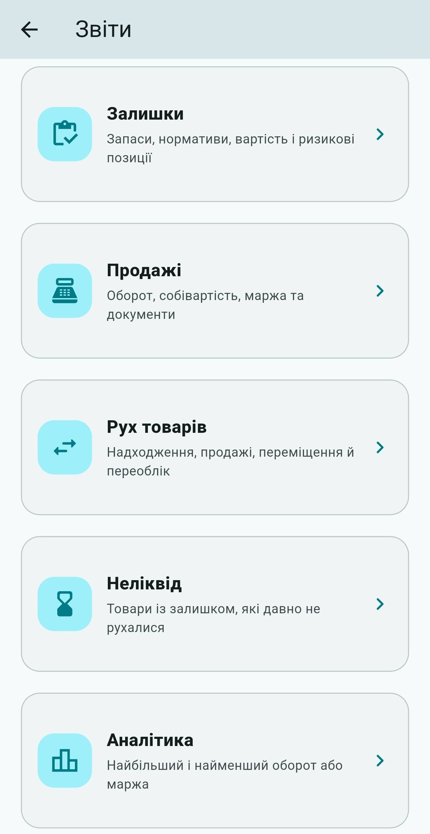 Напрями звітів UniSync: залишки, продажі, рух, неліквід і аналітика